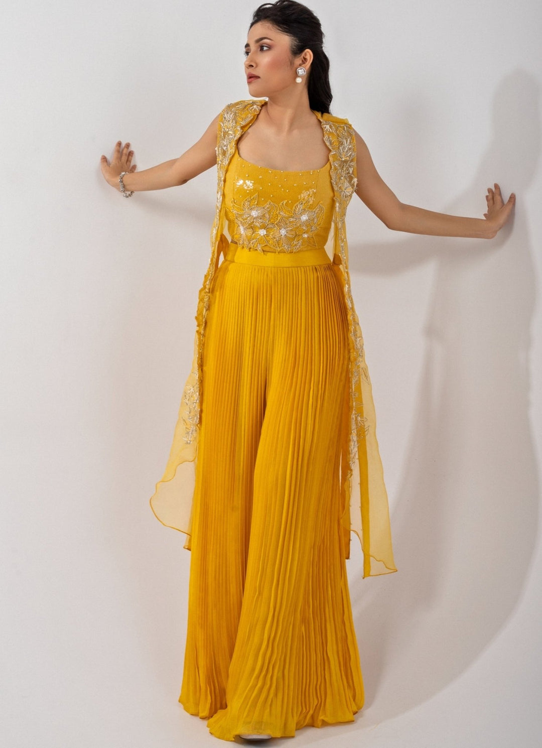 Yellow Chiffon Coord Set With Sequin Embroidered Cape Smriti - Fabilicious Fashion