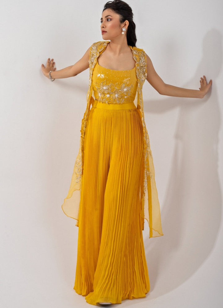 Yellow Chiffon Coord Set With Sequin Embroidered Cape Smriti - Fabilicious Fashion
