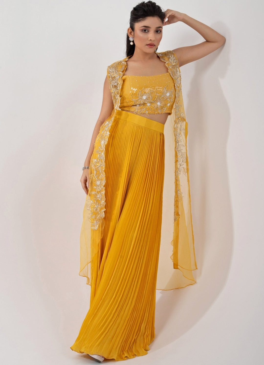 Yellow Chiffon Coord Set With Sequin Embroidered Cape Smriti - Fabilicious Fashion