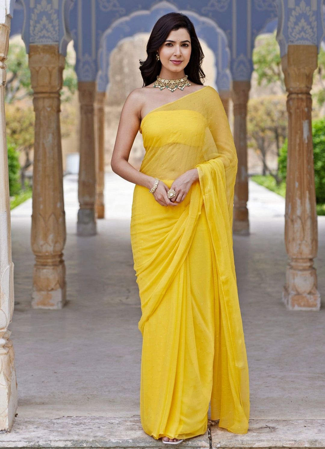 Geroo Jaipur Yellow Chiffon Pre - Draped Saree SetFabilicious Fashion