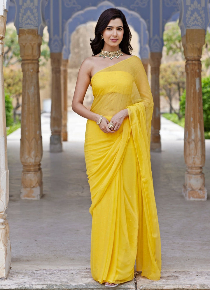 Geroo Jaipur Yellow Chiffon Pre - Draped Saree SetFabilicious Fashion