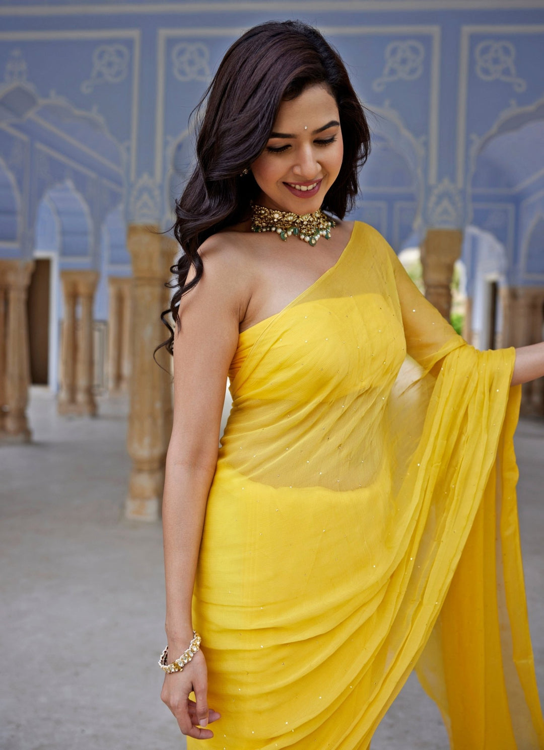 Geroo Jaipur Yellow Chiffon Pre - Draped Saree SetFabilicious Fashion