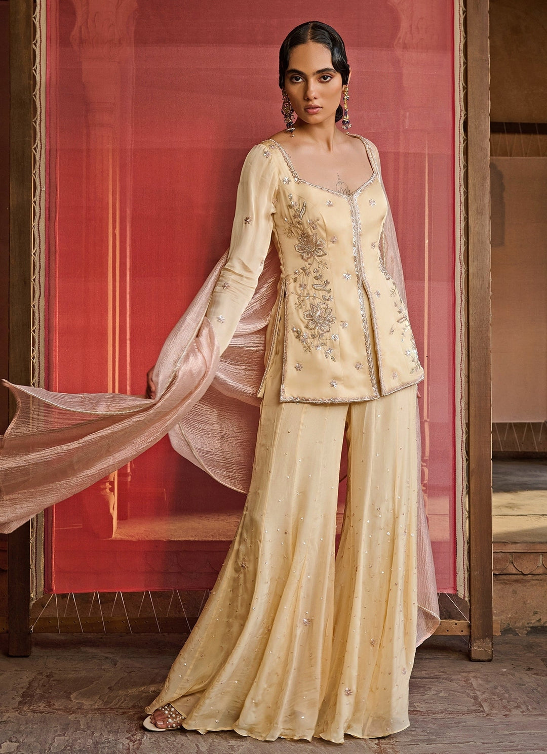 Yellow Chiffon Sharara Set With Pink Dupatta Zoon Tribe - Fabilicious Fashion