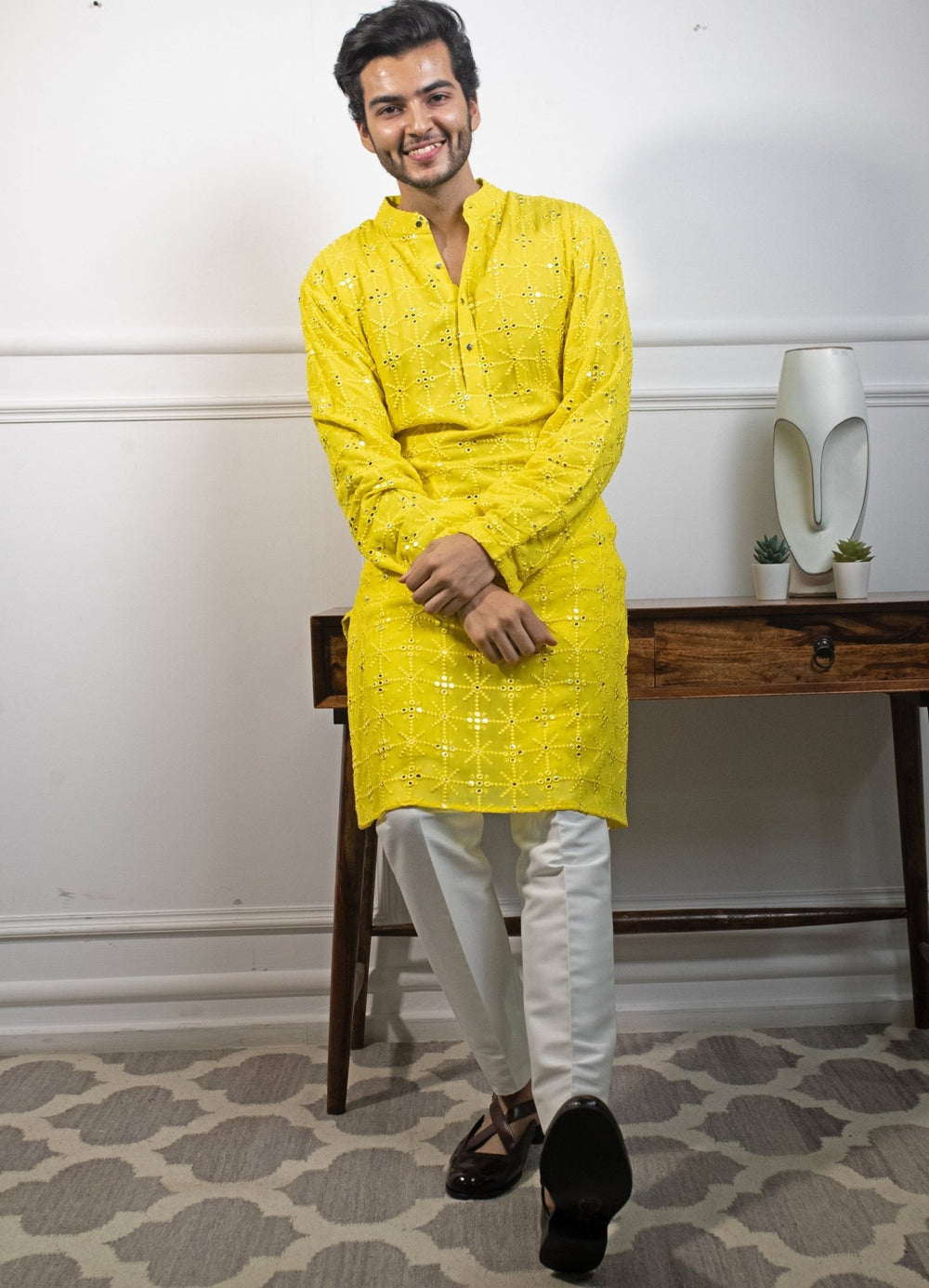yellow chikankari kurta set Contrast by Parth - Fabilicious Fashion