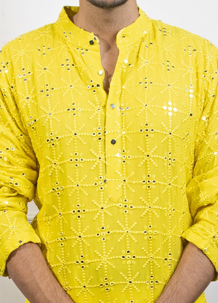 yellow chikankari kurta set Contrast by Parth - Fabilicious Fashion