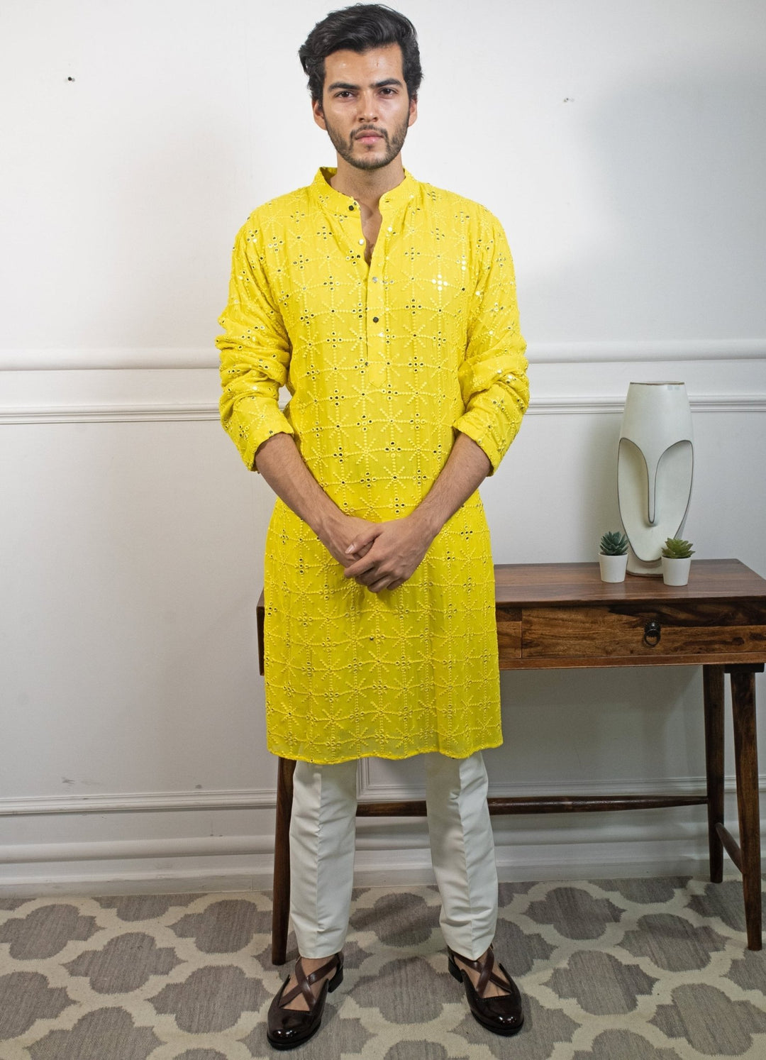 yellow chikankari kurta set Contrast by Parth - Fabilicious Fashion