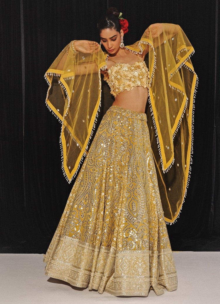 Yellow Chikankari Mirrorwork Box Pleat Lehenga Set Twenty Nine - Fabilicious Fashion