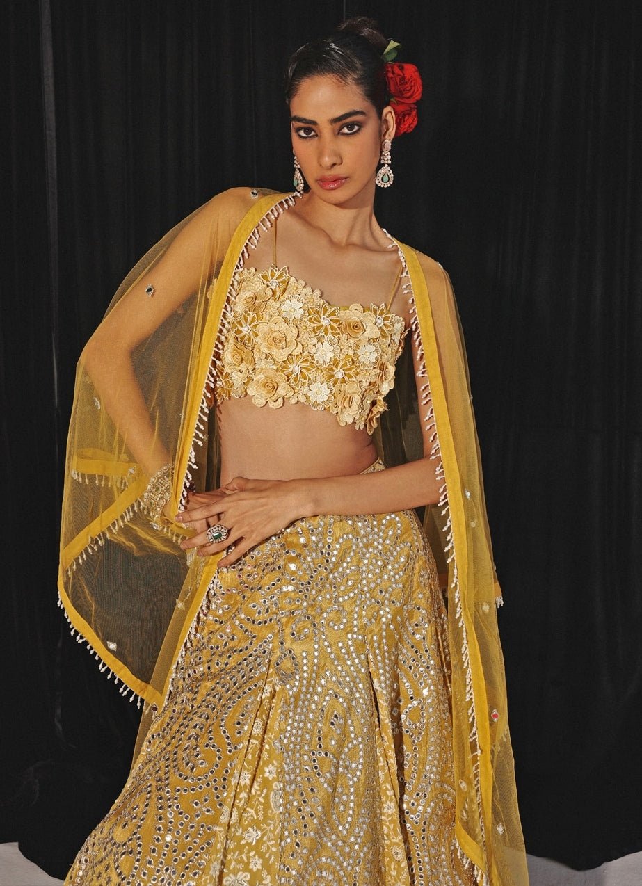 Yellow Chikankari Mirrorwork Box Pleat Lehenga Set Twenty Nine - Fabilicious Fashion