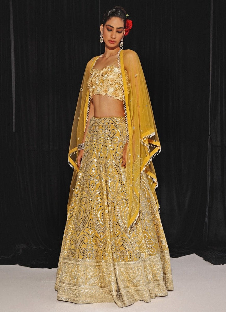 Yellow Chikankari Mirrorwork Box Pleat Lehenga Set Twenty Nine - Fabilicious Fashion