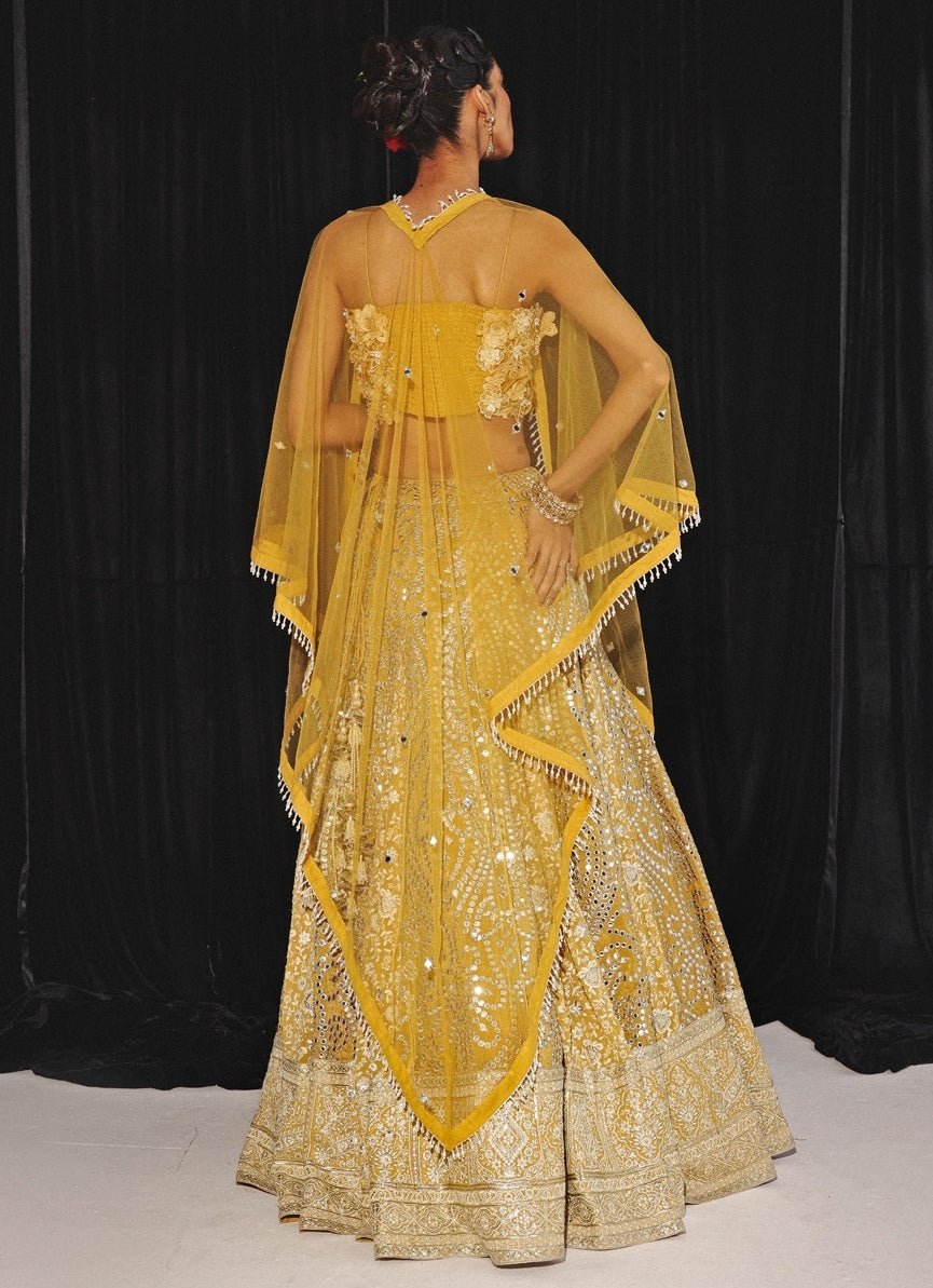 Yellow Chikankari Mirrorwork Box Pleat Lehenga Set Twenty Nine - Fabilicious Fashion