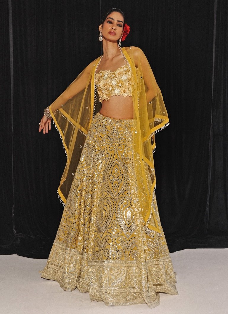 Yellow Chikankari Mirrorwork Box Pleat Lehenga Set Twenty Nine - Fabilicious Fashion