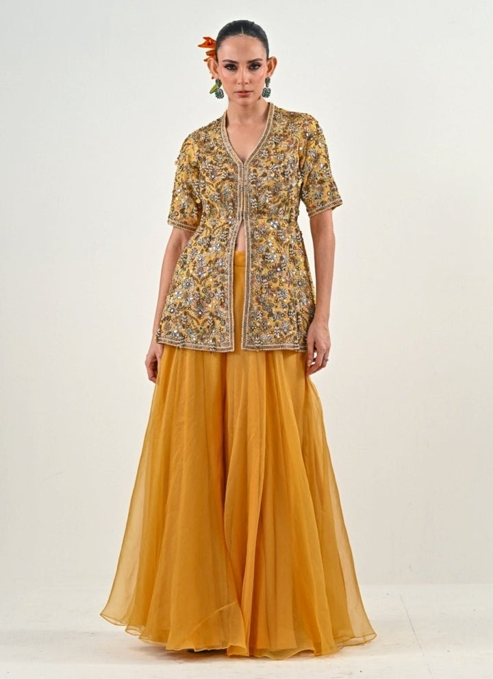 Yellow Chinon Peplum Top With Flared Pants Juhi Bengani - Fabilicious Fashion