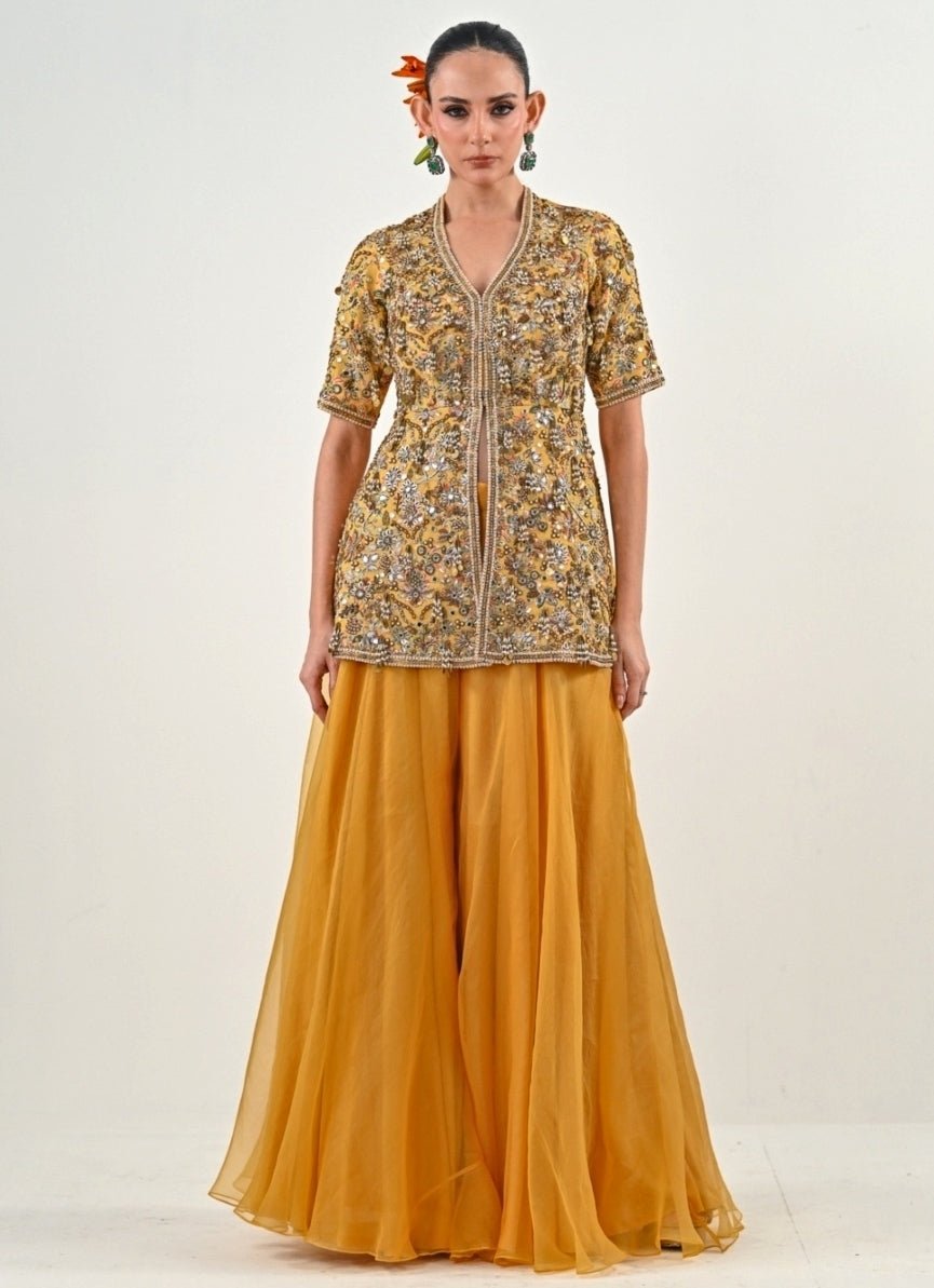 Yellow Chinon Peplum Top With Flared Pants Juhi Bengani - Fabilicious Fashion