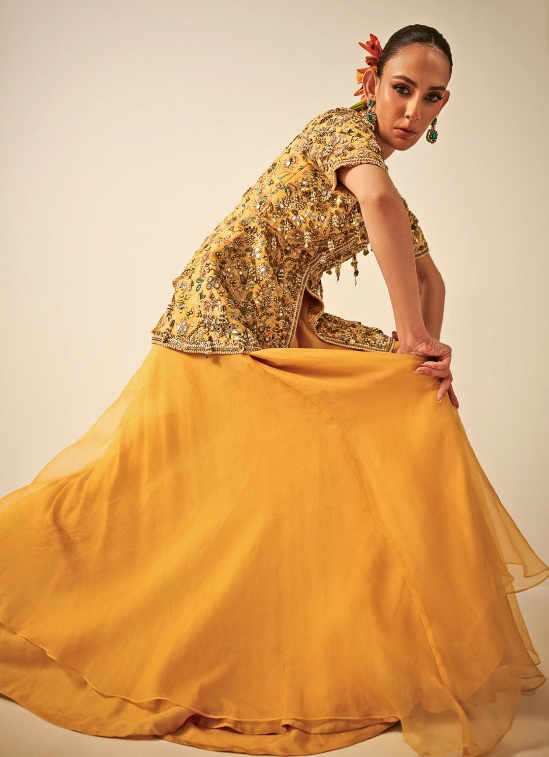 Yellow Chinon Peplum Top With Flared Pants Juhi Bengani - Fabilicious Fashion