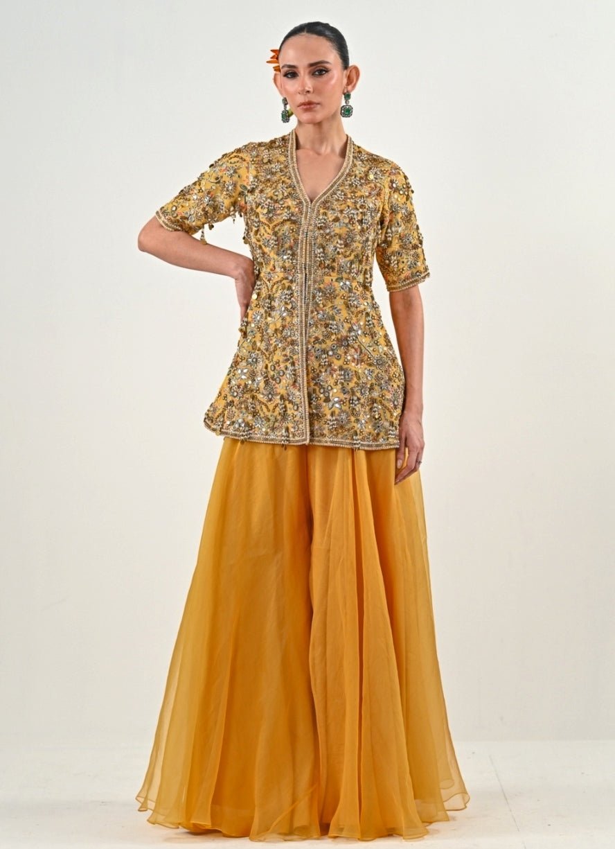 Yellow Chinon Peplum Top With Flared Pants Juhi Bengani - Fabilicious Fashion