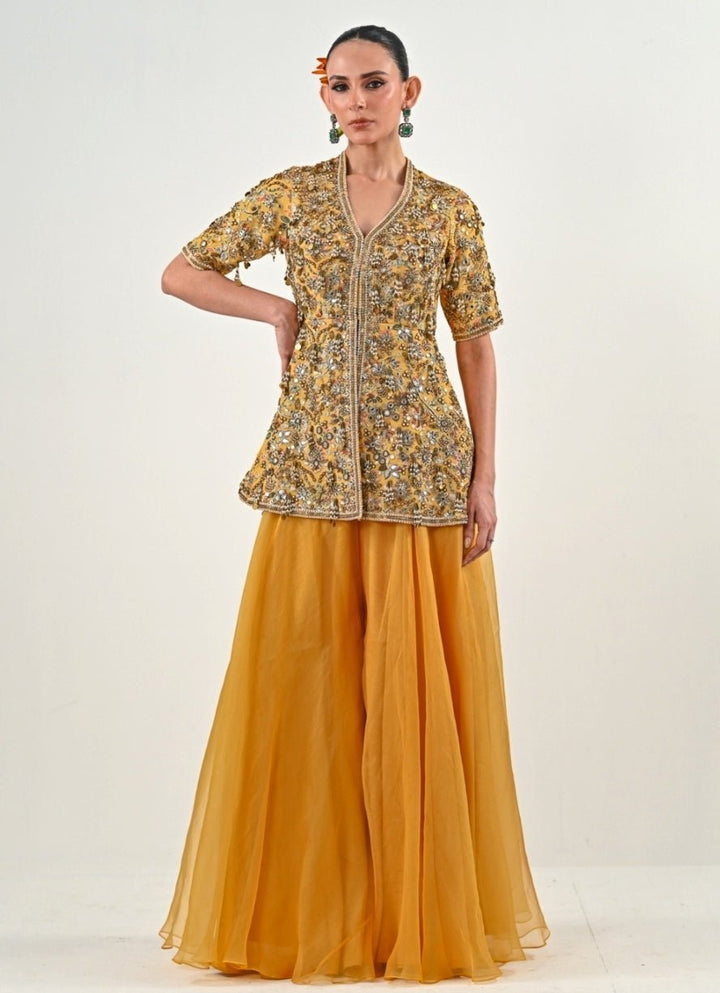 Yellow Chinon Peplum Top With Flared Pants Juhi Bengani - Fabilicious Fashion