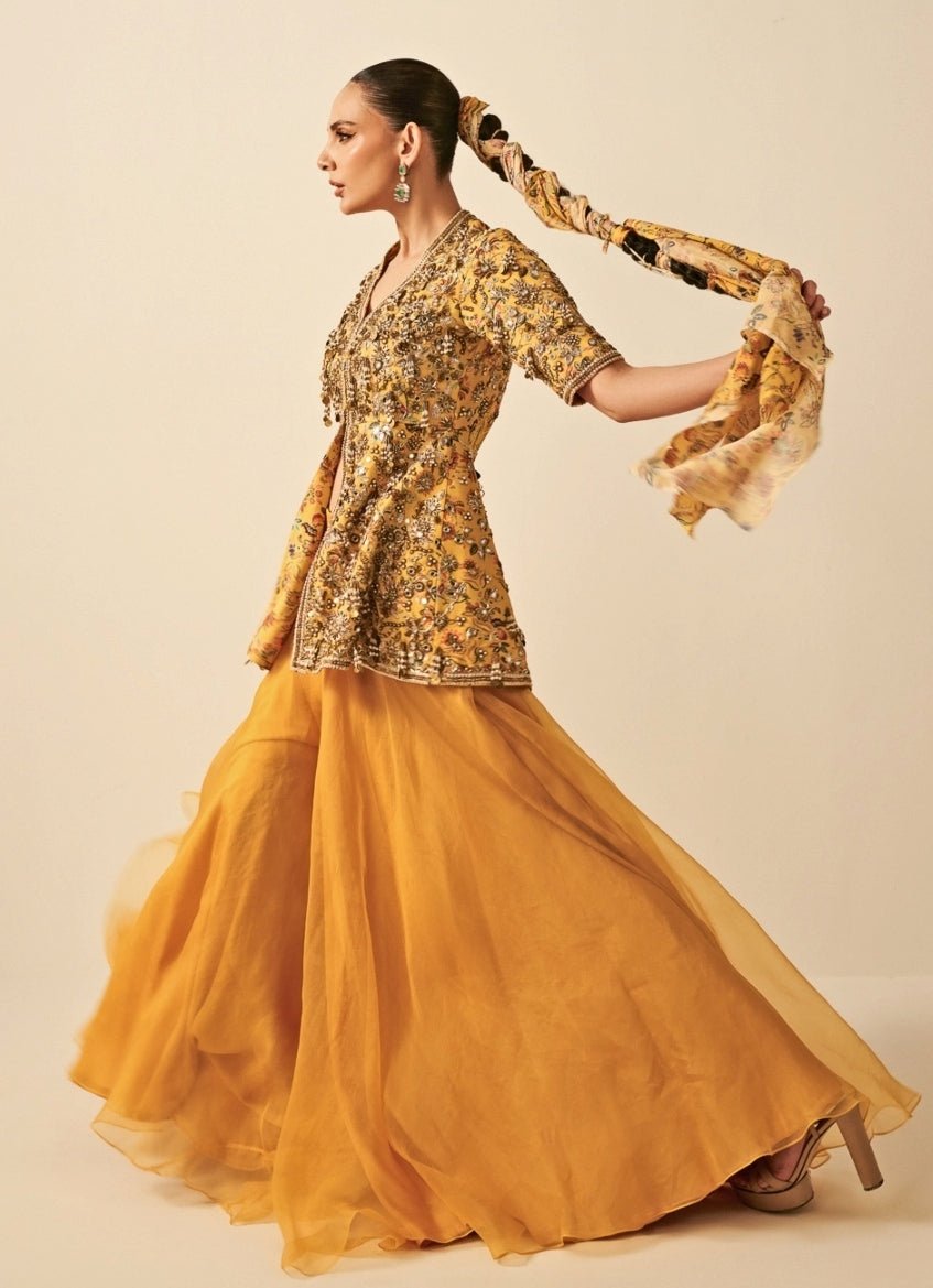 Yellow Chinon Peplum Top With Flared Pants Juhi Bengani - Fabilicious Fashion