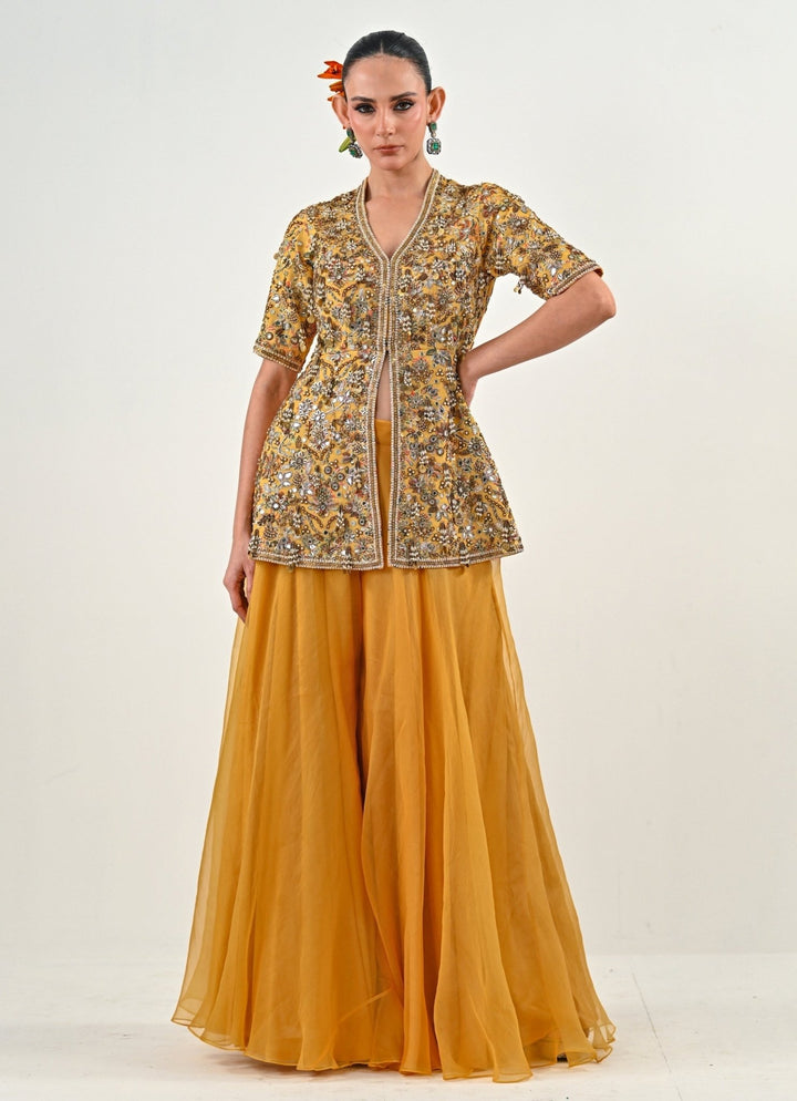 Yellow Chinon Peplum Top With Flared Pants Juhi Bengani - Fabilicious Fashion