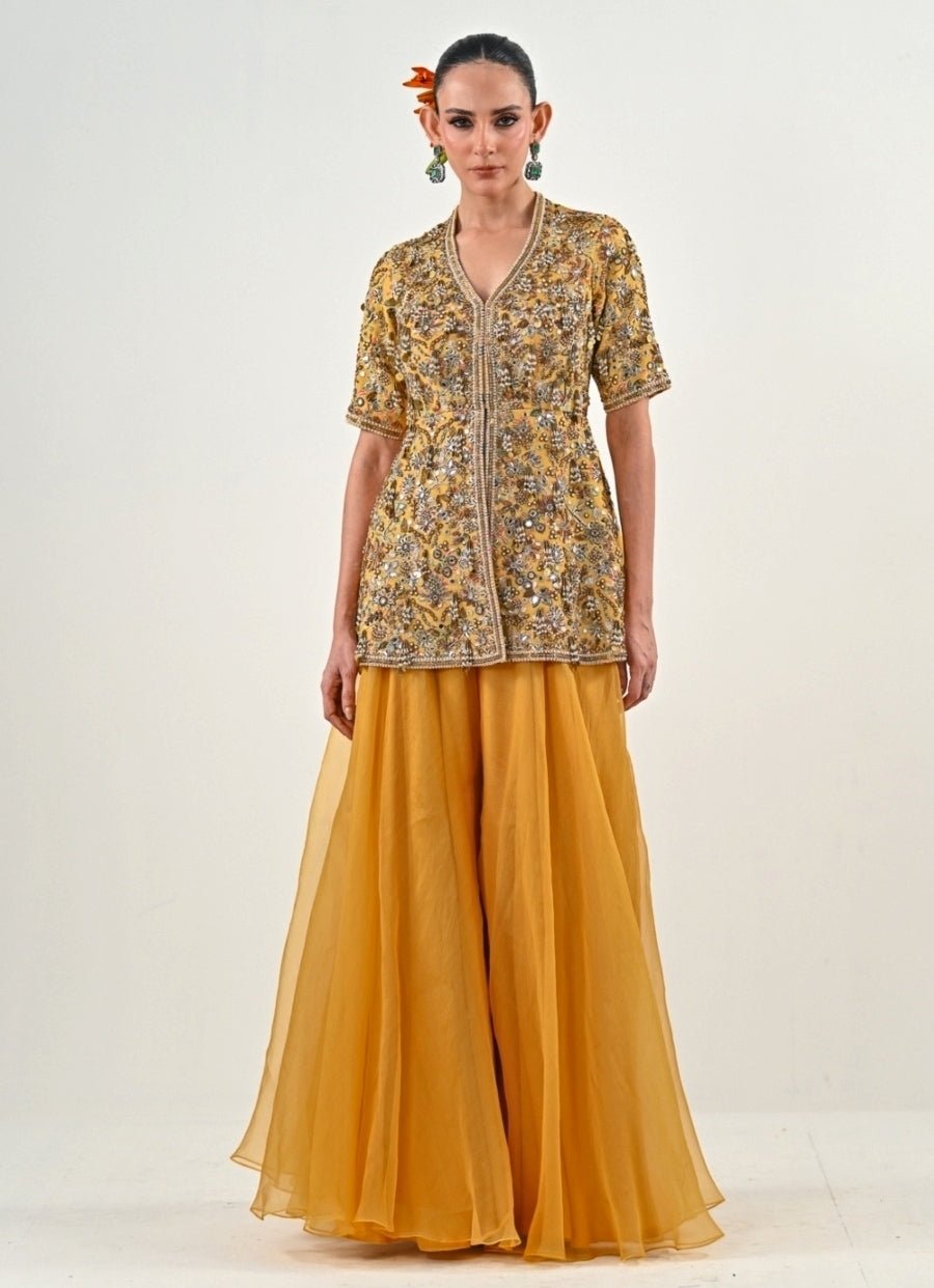 Yellow Chinon Peplum Top With Flared Pants Juhi Bengani - Fabilicious Fashion