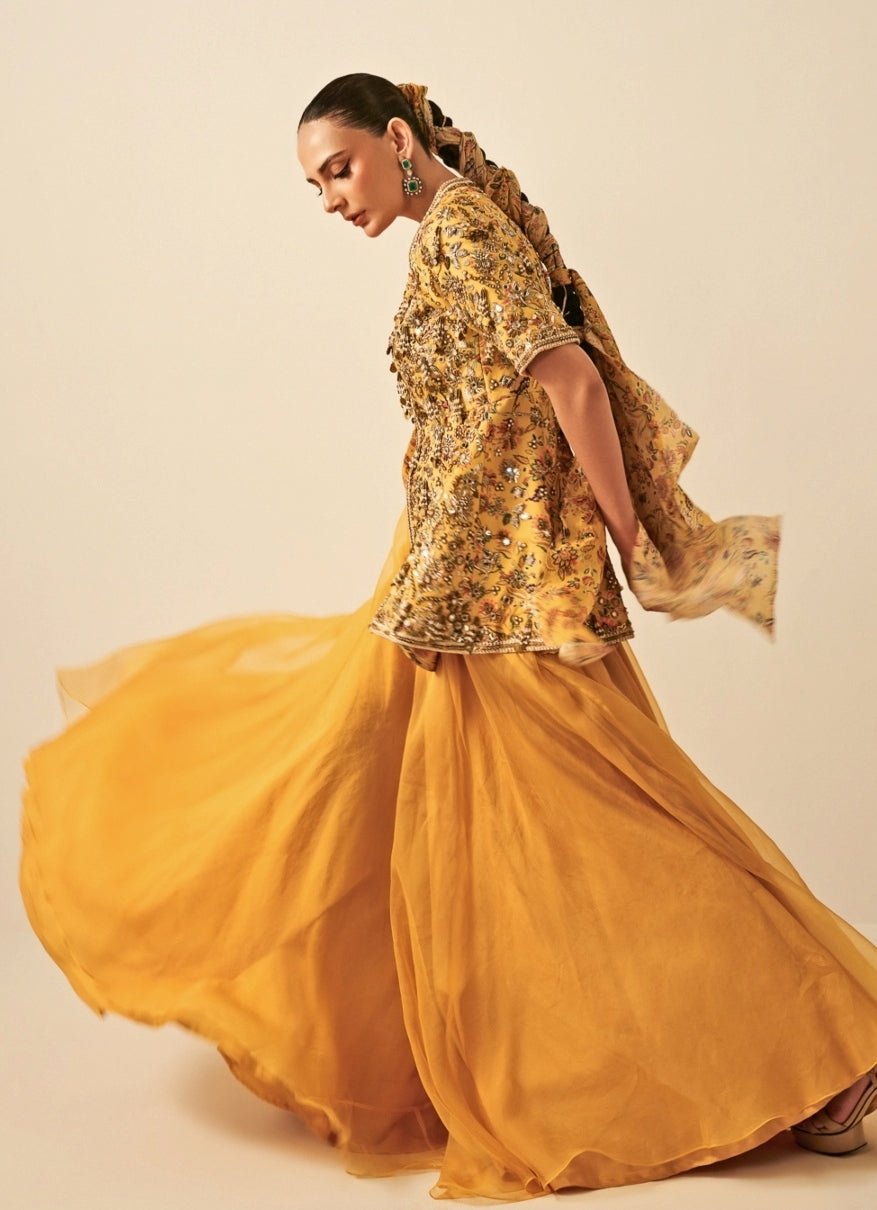 Yellow Chinon Peplum Top With Flared Pants Juhi Bengani - Fabilicious Fashion