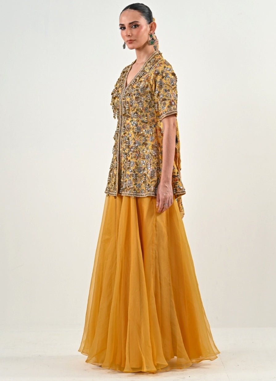Yellow Chinon Peplum Top With Flared Pants Juhi Bengani - Fabilicious Fashion