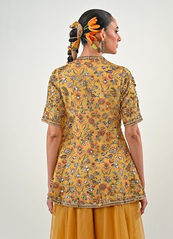 Yellow Chinon Peplum Top With Flared Pants Juhi Bengani - Fabilicious Fashion