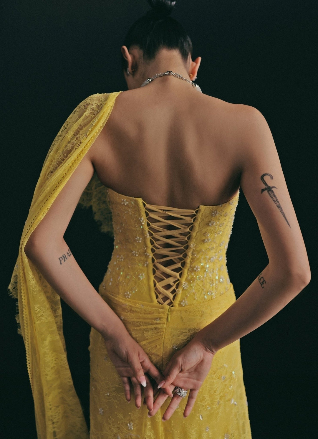 The Little Black Bow Yellow Corded Lace Concept Corset Slit SareeFabilicious Fashion