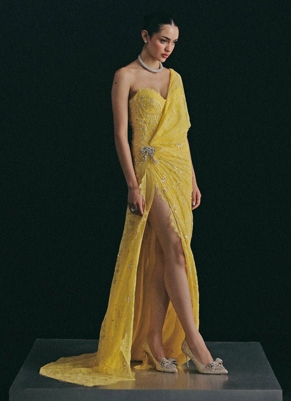 The Little Black Bow Yellow Corded Lace Concept Corset Slit SareeFabilicious Fashion