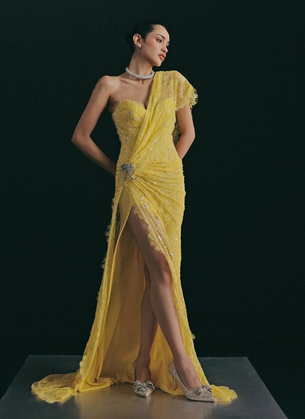 The Little Black Bow Yellow Corded Lace Concept Corset Slit SareeFabilicious Fashion