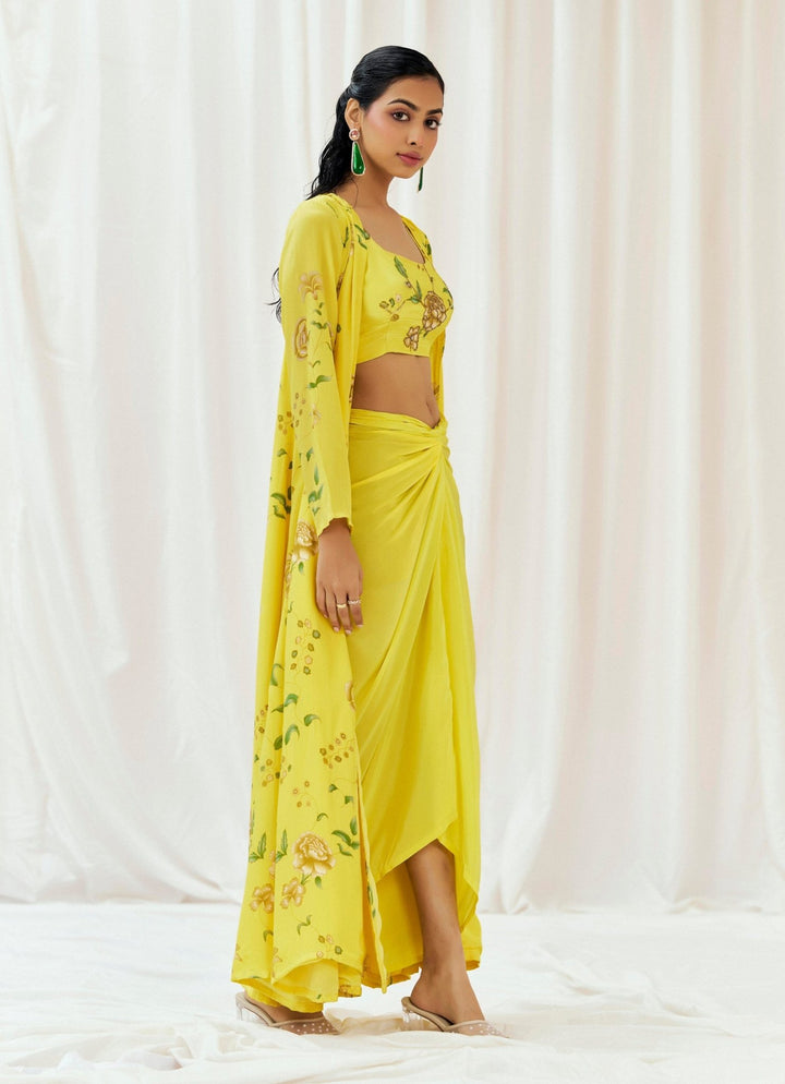 Yellow Crepe Drape Skirt Set With Jacket Redpine - Fabilicious Fashion