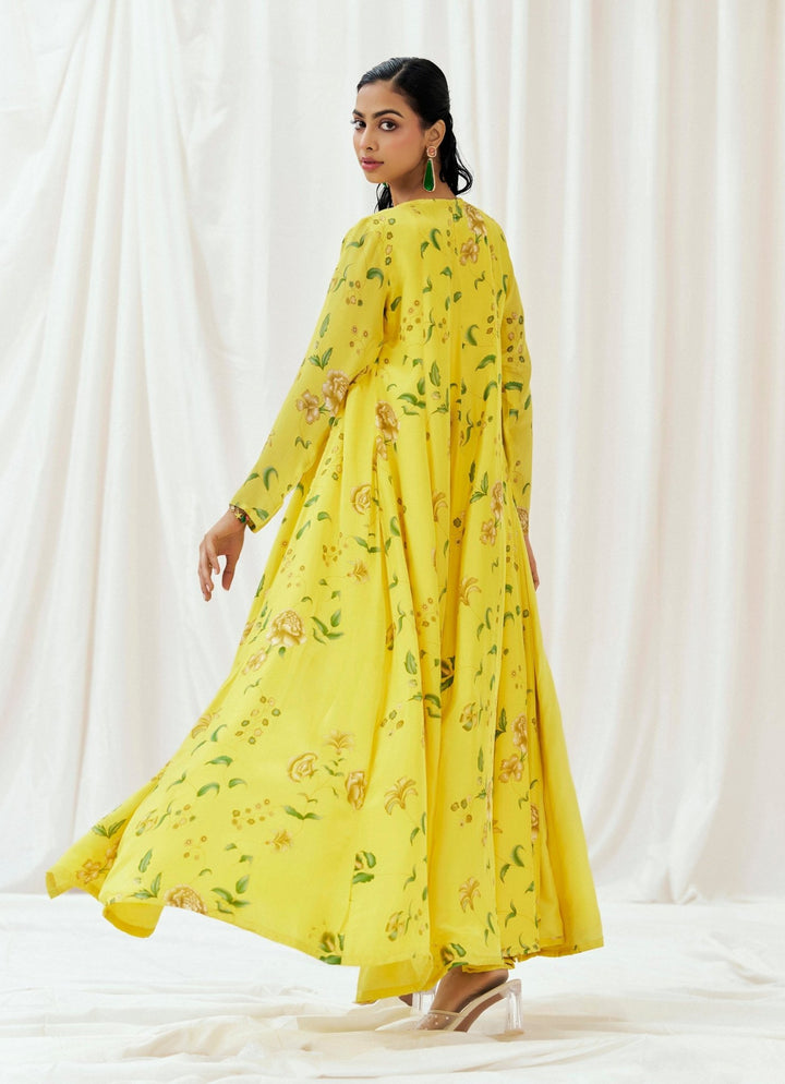 Yellow Crepe Drape Skirt Set With Jacket Redpine - Fabilicious Fashion