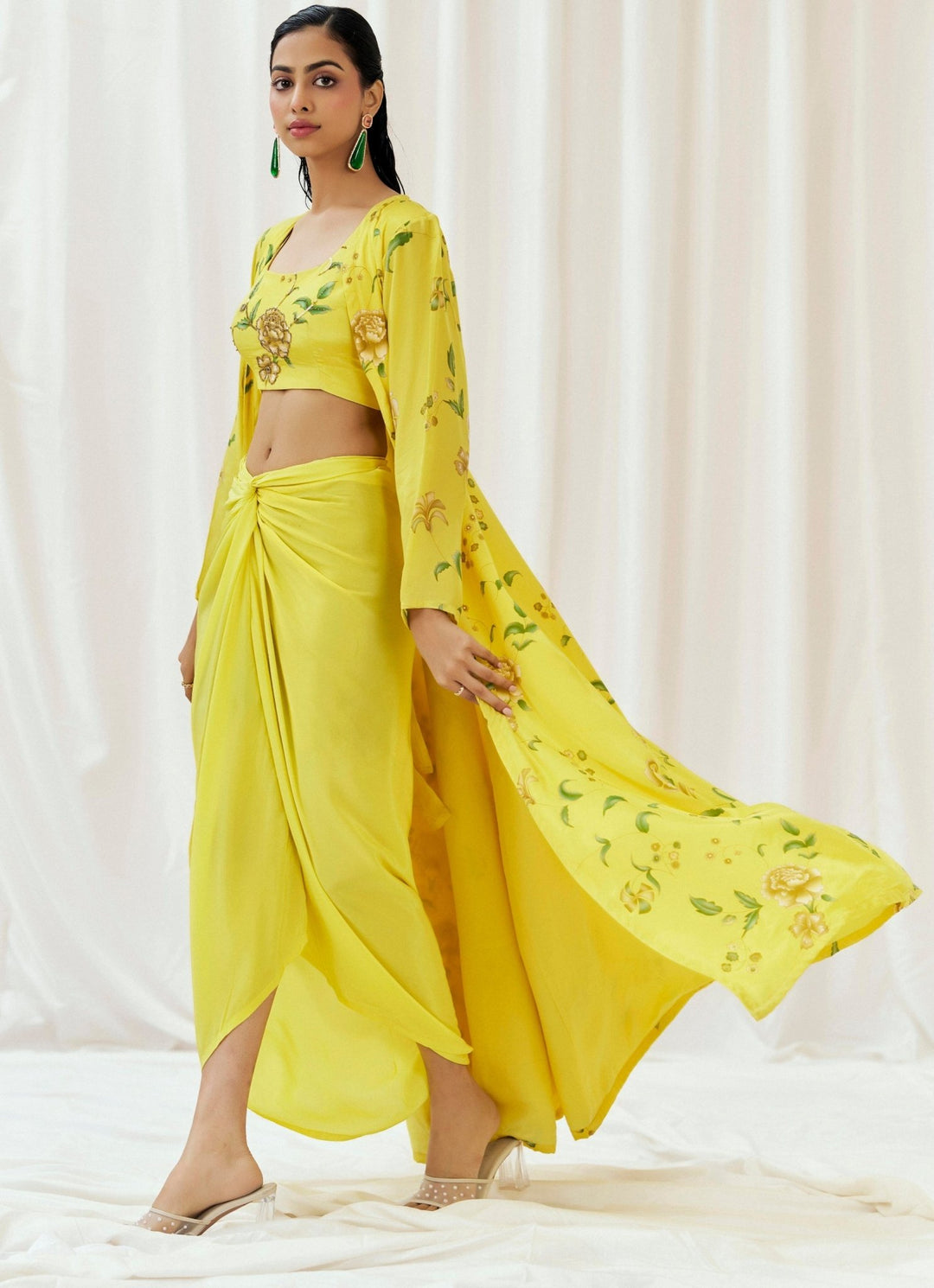 Yellow Crepe Drape Skirt Set With Jacket Redpine - Fabilicious Fashion