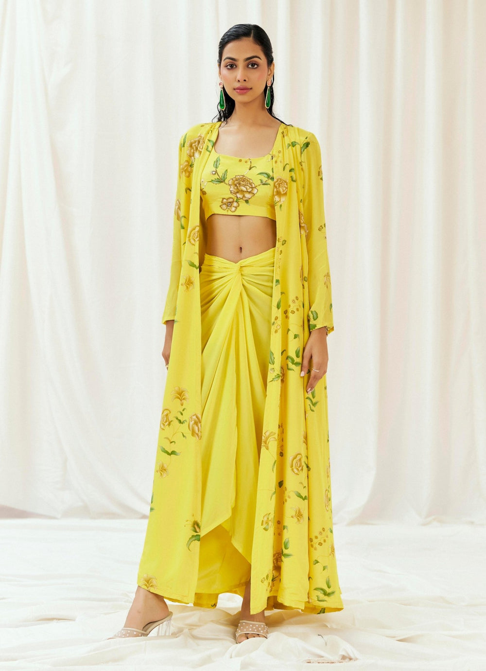 Yellow Crepe Drape Skirt Set With Jacket Redpine - Fabilicious Fashion