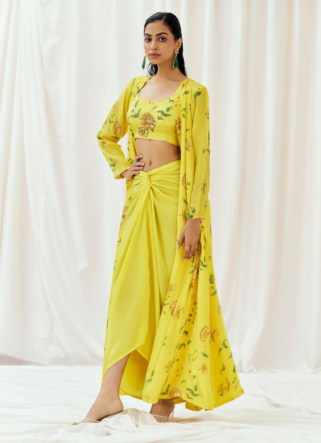 Yellow Crepe Drape Skirt Set With Jacket Redpine - Fabilicious Fashion