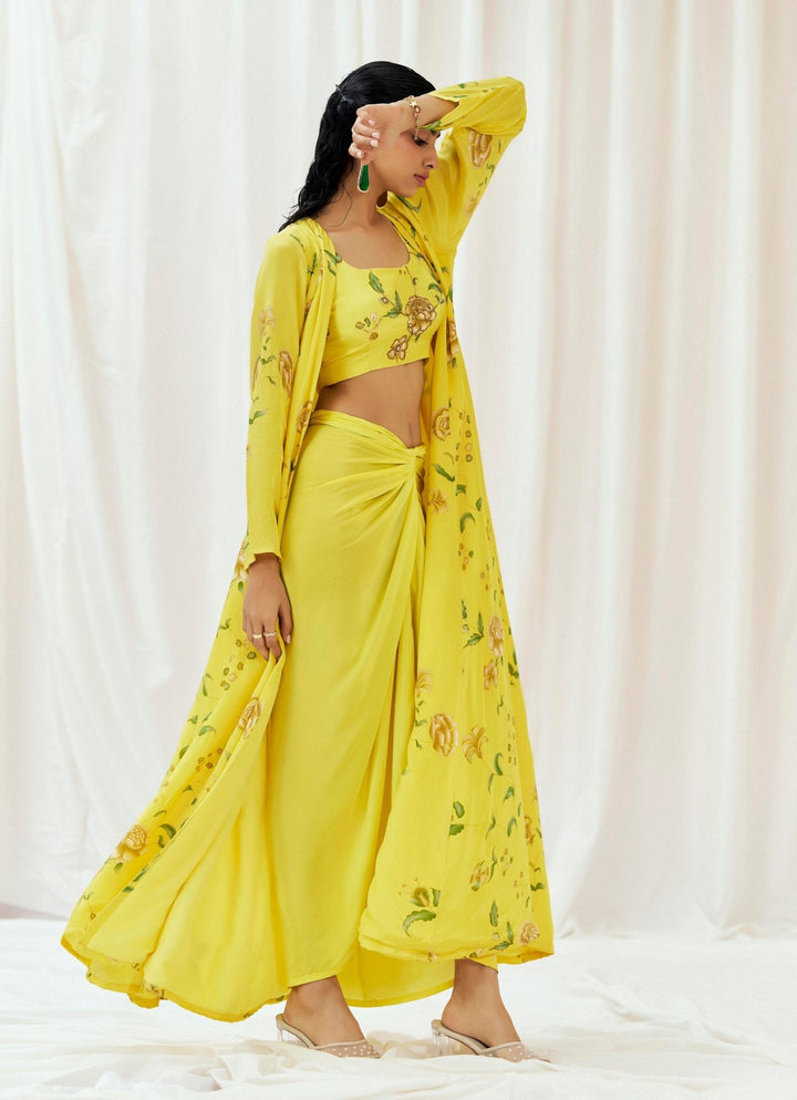 Yellow Crepe Drape Skirt Set With Jacket Redpine - Fabilicious Fashion