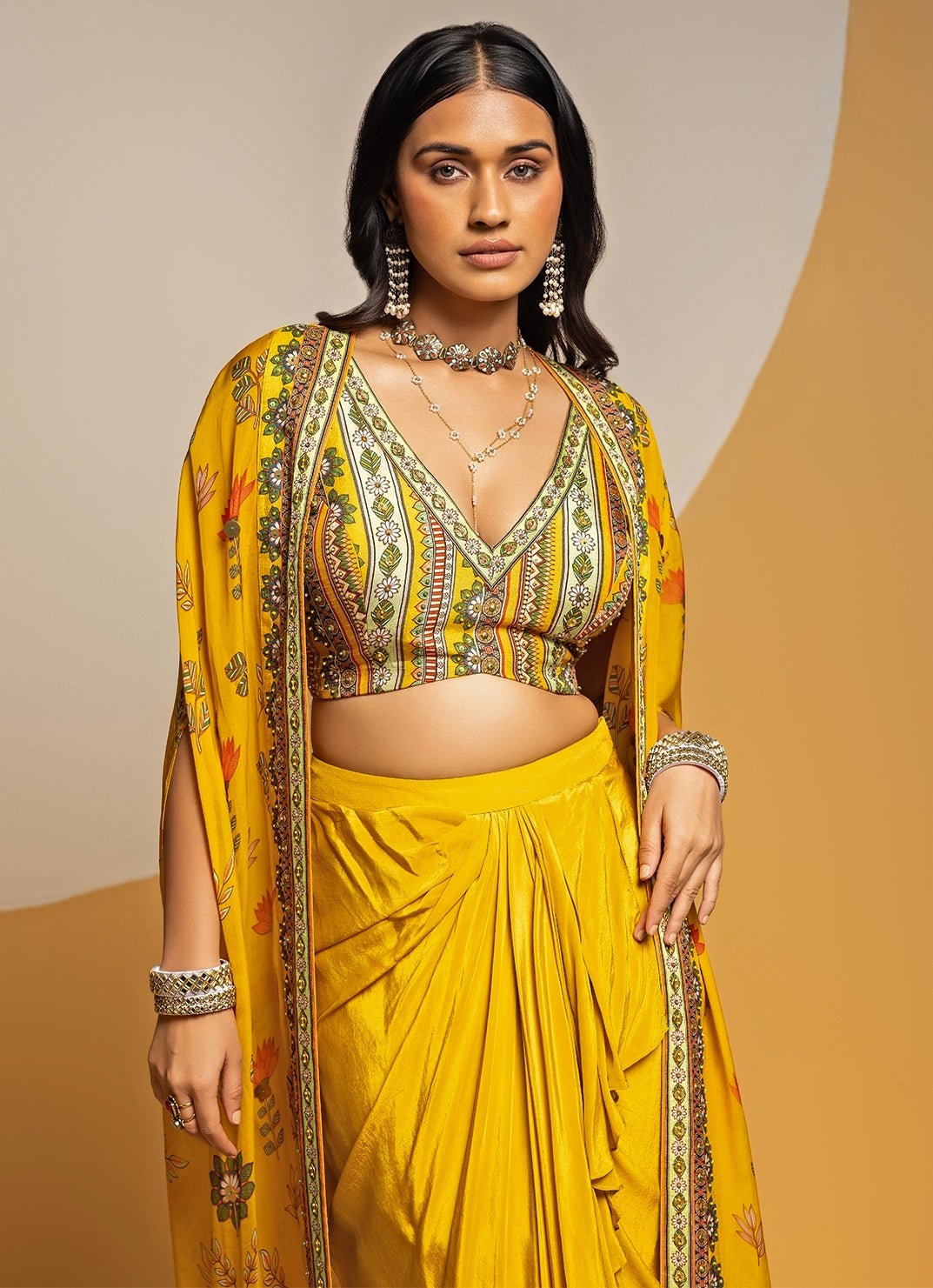 Yellow Crepe Drape Skirt Set With Printed Cape Soup by Sougat Paul - Fabilicious Fashion