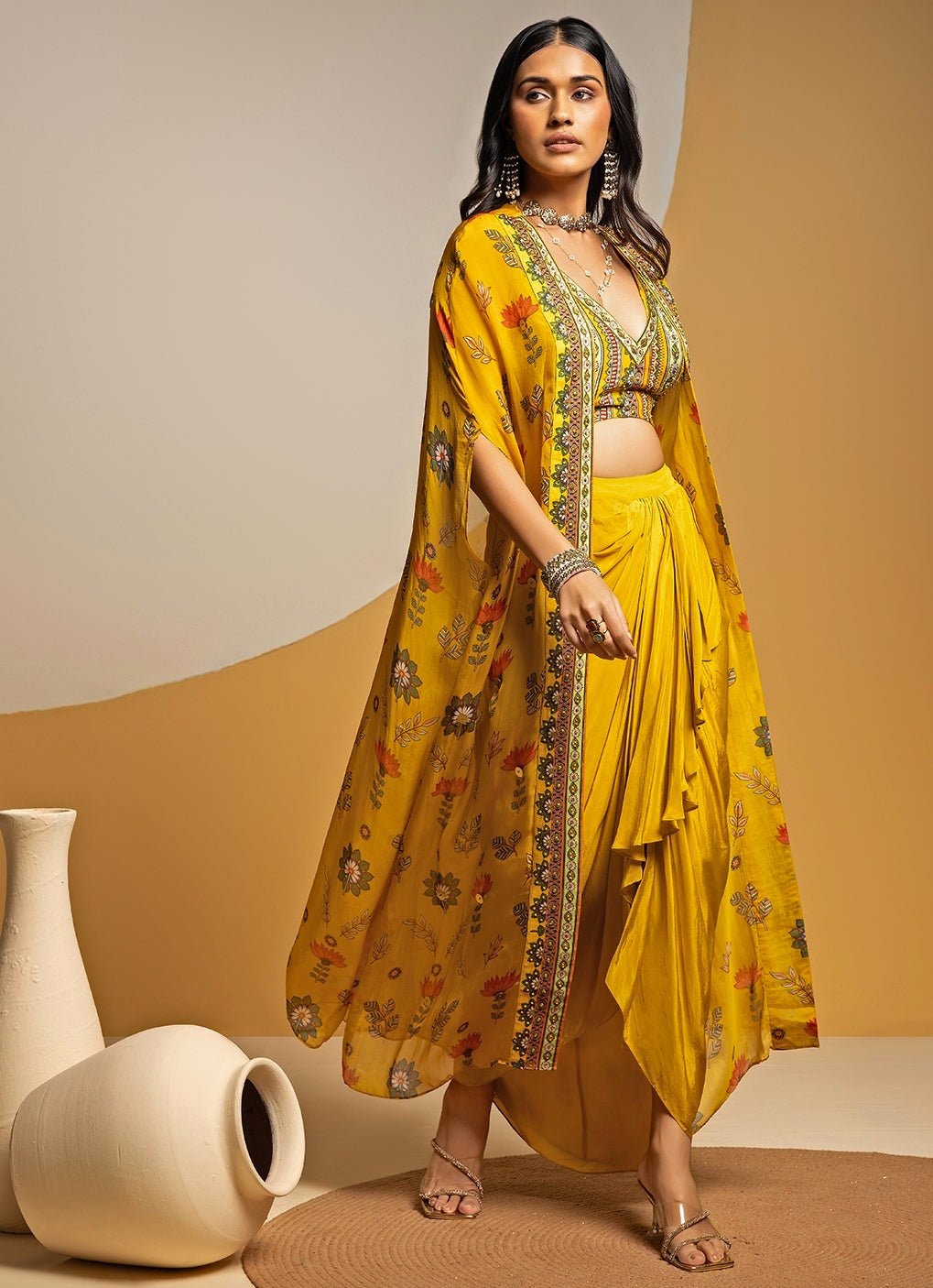 Yellow Crepe Drape Skirt Set With Printed Cape Soup by Sougat Paul - Fabilicious Fashion