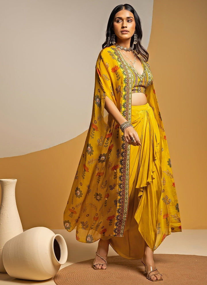 Yellow Crepe Drape Skirt Set With Printed Cape Soup by Sougat Paul - Fabilicious Fashion
