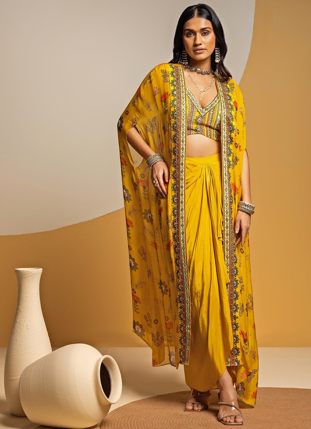 Yellow Crepe Drape Skirt Set With Printed Cape Soup by Sougat Paul - Fabilicious Fashion