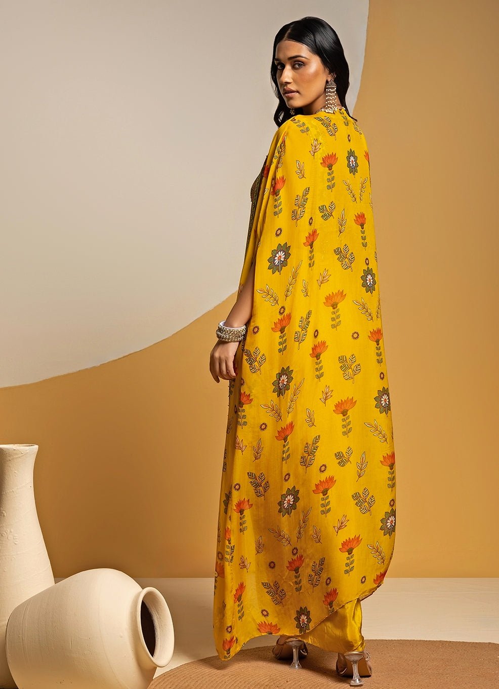Yellow Crepe Drape Skirt Set With Printed Cape Soup by Sougat Paul - Fabilicious Fashion