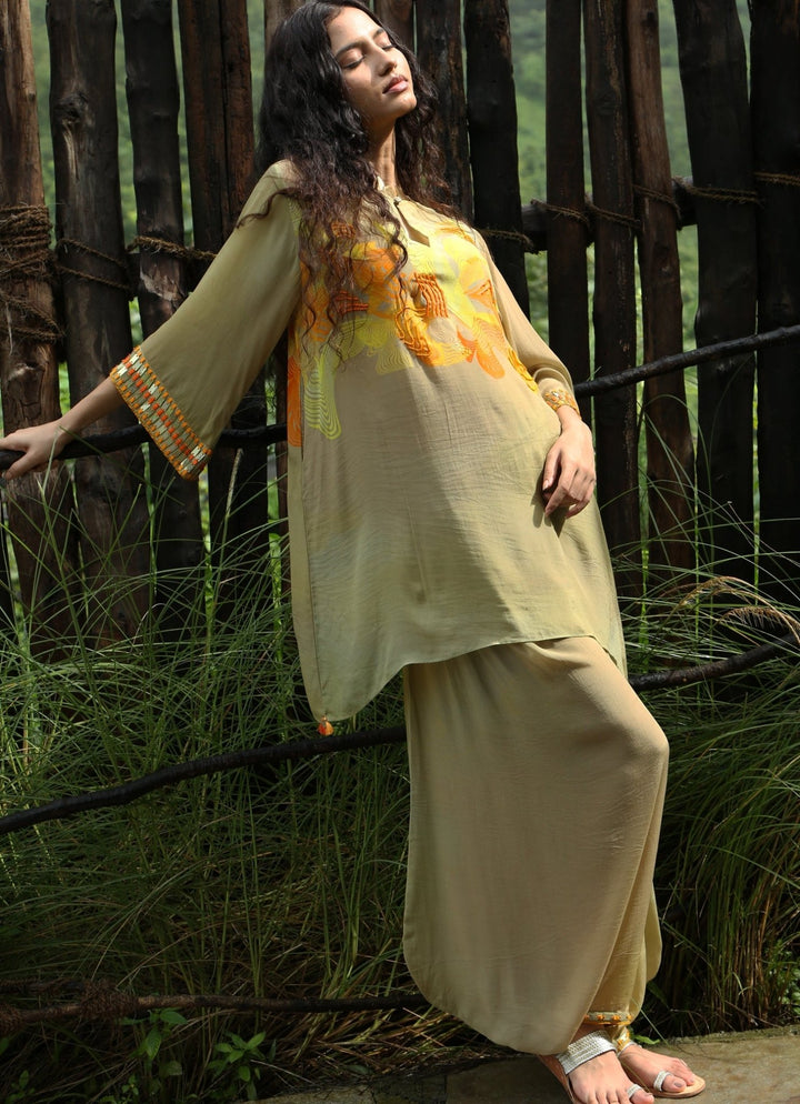 Yellow Crepe Kurta Pant Set Basil Leaf - Fabilicious Fashion