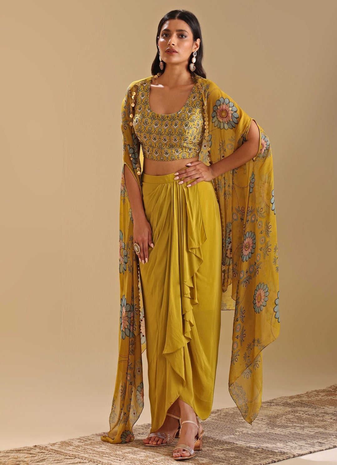 Yellow Draped And Embroidered Skirt Set With Asymmetric Cape Soup By Sougat Paul - Fabilicious Fashion