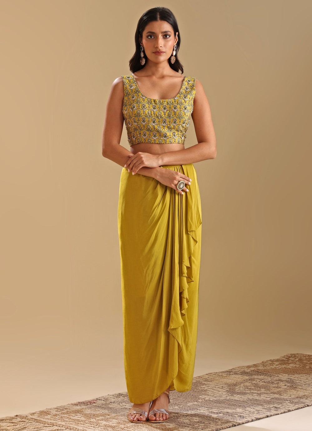 Yellow Draped And Embroidered Skirt Set With Asymmetric Cape Soup By Sougat Paul - Fabilicious Fashion
