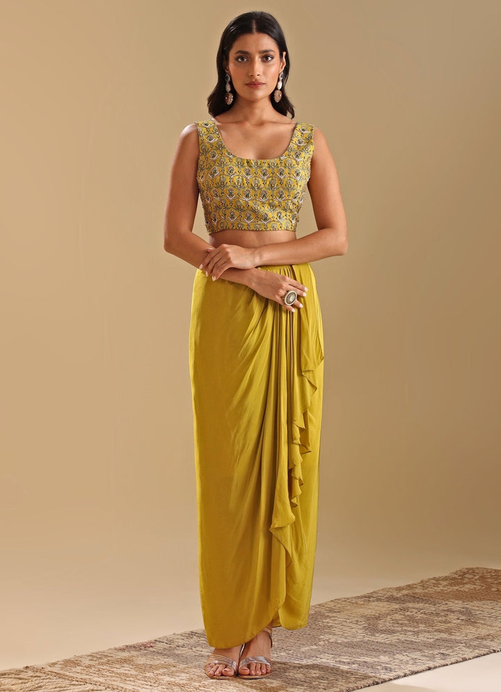 Yellow Draped And Embroidered Skirt Set With Asymmetric Cape Soup By Sougat Paul - Fabilicious Fashion