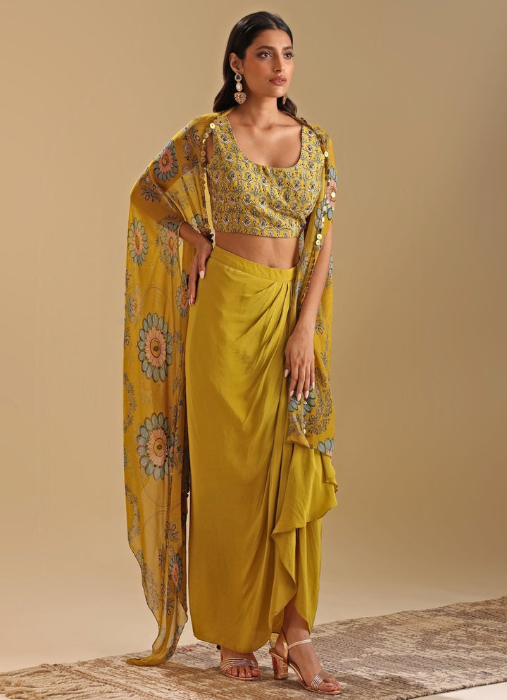 Yellow Draped And Embroidered Skirt Set With Asymmetric Cape Soup By Sougat Paul - Fabilicious Fashion