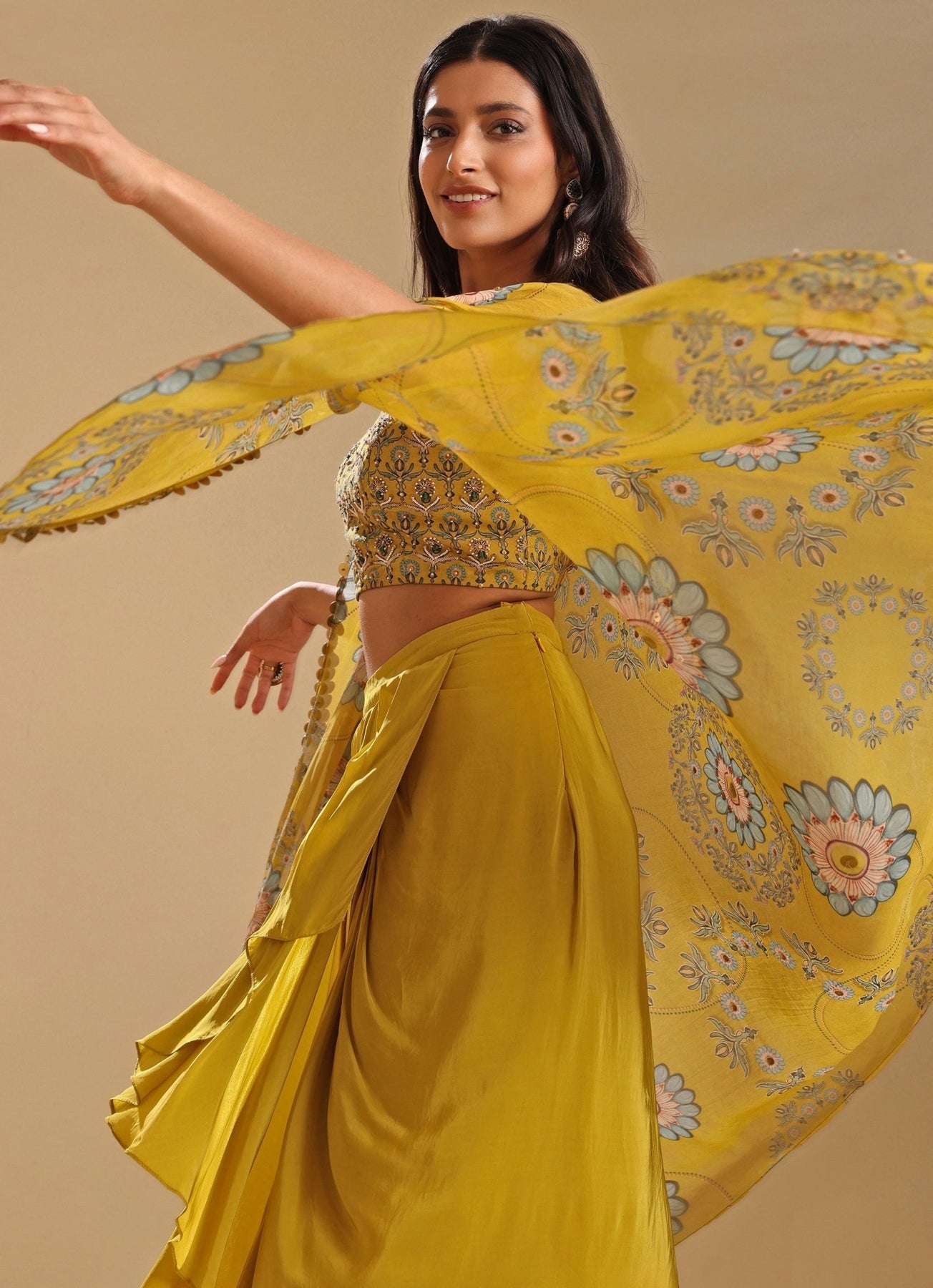 Yellow Draped And Embroidered Skirt Set With Asymmetric Cape