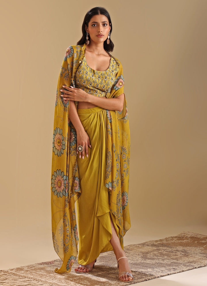 Yellow Draped And Embroidered Skirt Set With Asymmetric Cape Soup By Sougat Paul - Fabilicious Fashion
