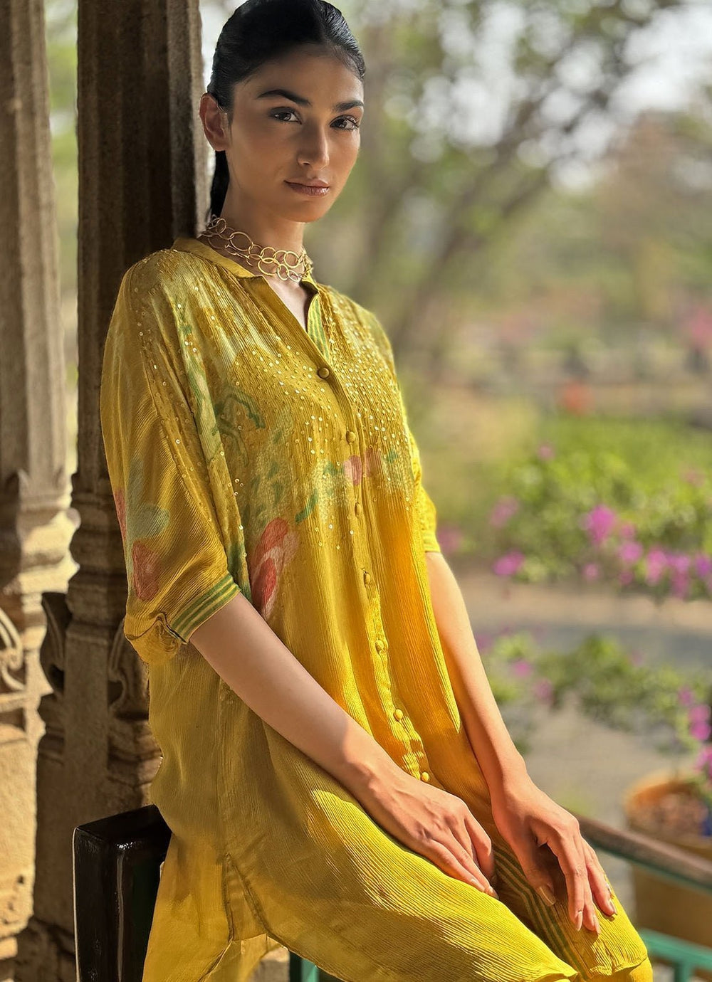 Yellow Embellished Kurta Pant Set Basil Leaf - Fabilicious Fashion