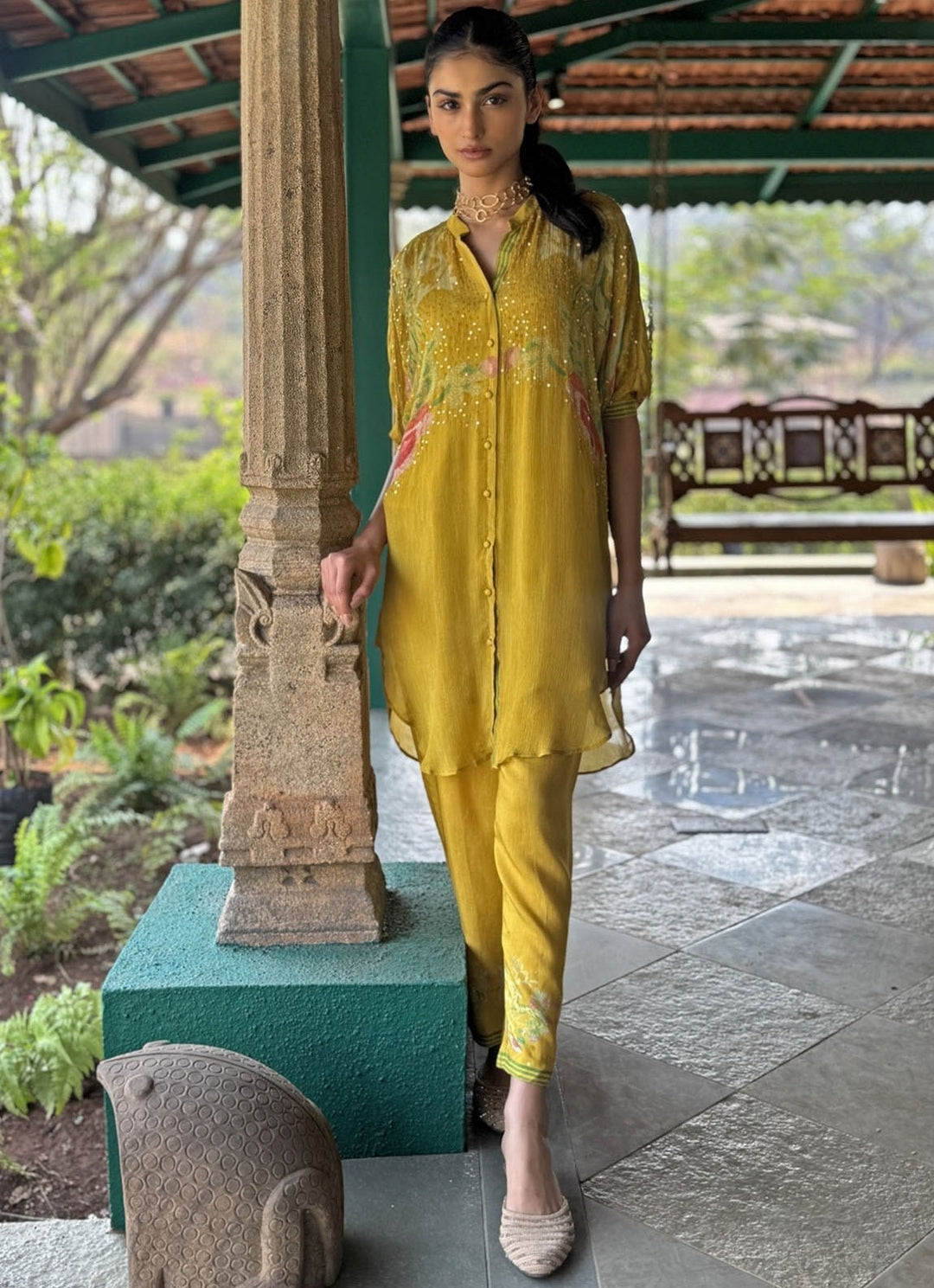 Yellow Embellished Kurta Pant Set Basil Leaf - Fabilicious Fashion