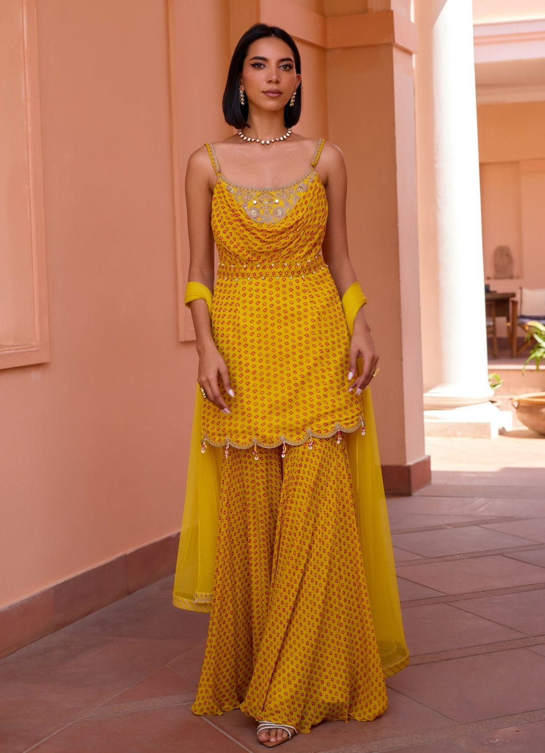 Yellow Embroidered Bandhani Sharara Set Isha Gupta Tayal - Fabilicious Fashion